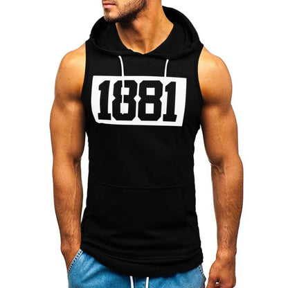 sanyamk Sports Tank Tops Men Fitness Muscle Print Sleeveless Hooded Bodybuilding Pocket Tight-drying Tops Summer Shirt For Men Clothing