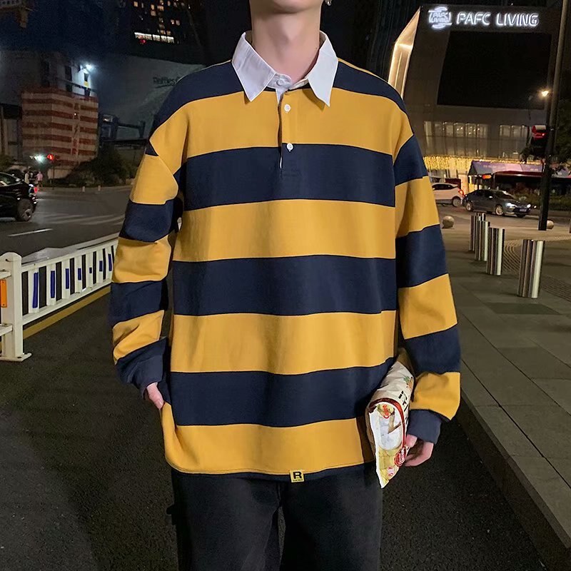 sanyamk Spring Autumn Men Striped Lapel T-shirt Trend Polo Collar Loose Long-sleeved Tshirts Ins All-match Pullover Tees British Gentle