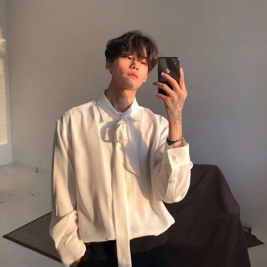 sanyamk Four Seasons Korean Men's Loose Retro Chiffon Fabric Bow Tie Shirt Men's Long Sleeve Nice Clothes Shirts White/black Color Coats