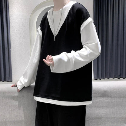 sanyamk Fake two long sleeved t-shirt men's autumn black and white contrast color sweater youth trend men's loose casual large coat