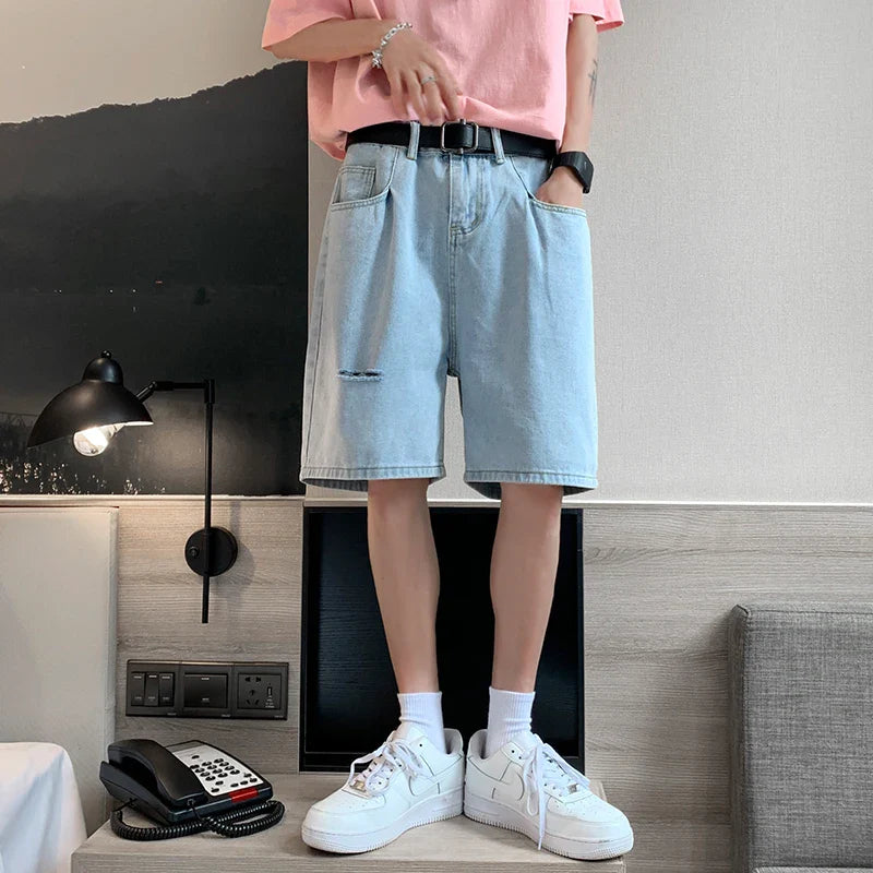 sanyamk Summer Men's Ripped Hole Jeans Shorts Blue Casual Knee-length Denim Short Pants Cotton Washed Classic Bermuda Shorts Male