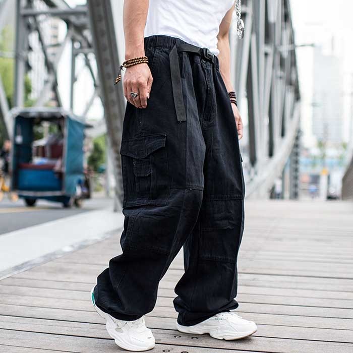 Bonsir Trendy Loose Baggy Cargo Pants Men Casual Hiphop Harem Cotton Straight Trousers Wide Leg Plus Size Streetwear Clothing