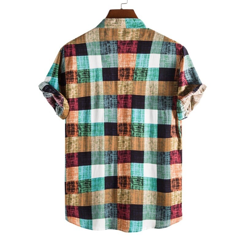 Men Clothing Summer New Men's Fashion Trend Color Plaid Print Stand-up Collar Short-sleeved Shirt Camisas Para Hombre