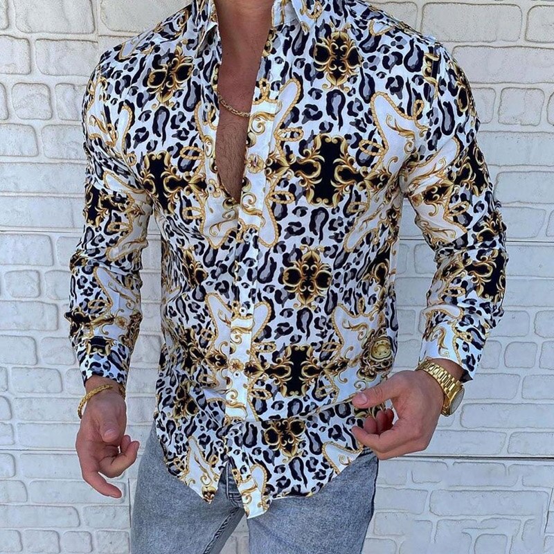 sanyamk trendy mens fashion mens summer outfits dope outfits mens street style mens spring fashion aesthetic outfits menAutumn Long Sleeve Casual Shirt Vintage Pattern Chain Printed Patchwork Men Shirts 2021 Spring Turn-down Collar Button Men's Top