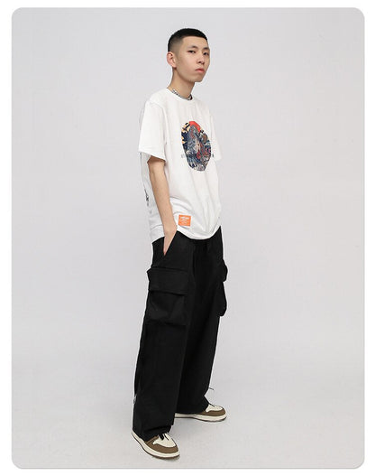 Bonsir New Japanese Fresh Cargo Pants Men Loose Wide-Leg Casual Streetwear Trousers Hip-Hop Straight Solid Color Multi-Pocket Clothing