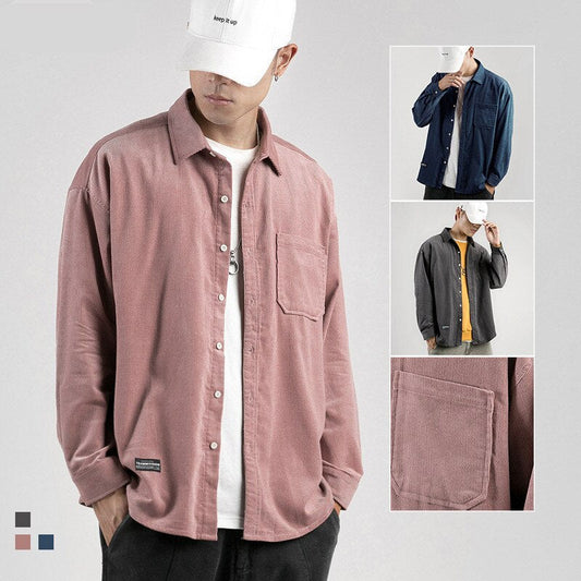 sanyamk Japanese System Male Vintage Flannel Shirt Autumn New Men's Solid Color Loose Long Sleeve Shirt oversized Man Shirt Koszula