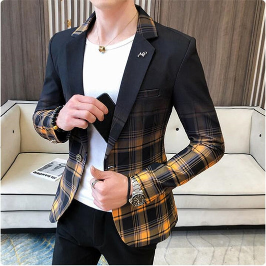 sanyamk Spring Men&#39;s Plaid Blazer Fashion Business Casual Men&#39;s Slim Suit Jacket Large Size Casual Banquet Wedding Party Club Dress