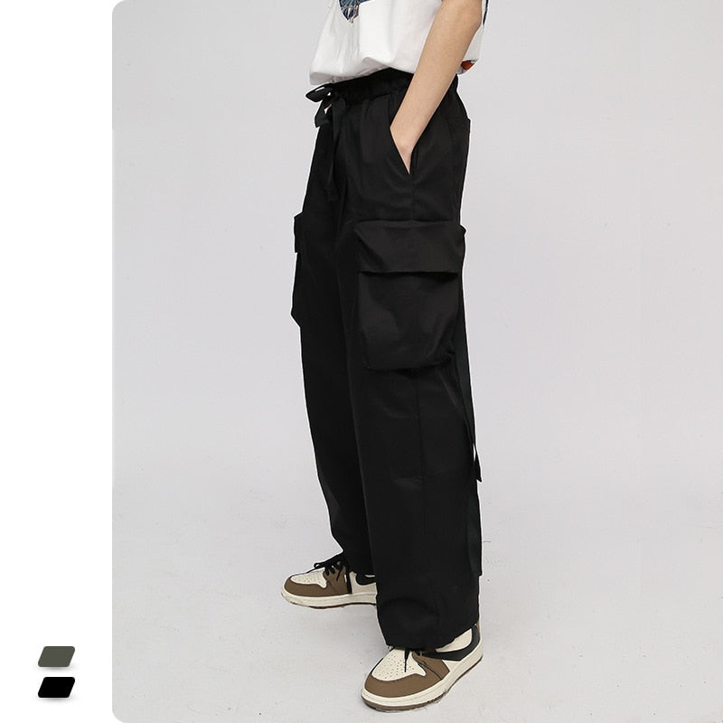 Bonsir New Japanese Fresh Cargo Pants Men Loose Wide-Leg Casual Streetwear Trousers Hip-Hop Straight Solid Color Multi-Pocket Clothing