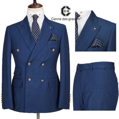 Cenne Des Graoom New Men Suit Plaid Double Breasted Two Pieces Slim Fit High Quality Wedding Party Singer Costume DG-188