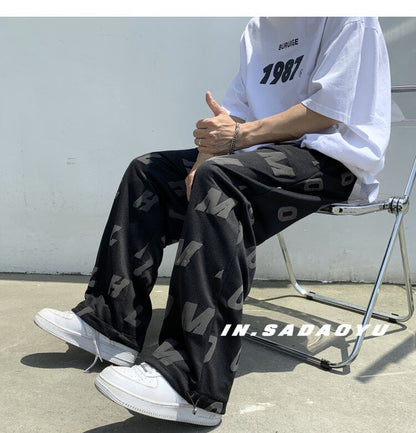 Bonsir Summer Casual Wide Leg Pants For Men Lightweight Streetwear Letter Printed Straight Pants Fashion Sweatpants Trousers 2XL-M