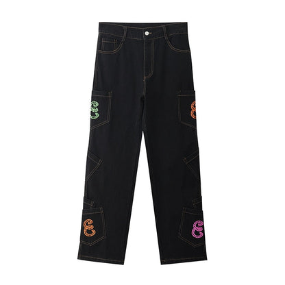 Bonsir Retro Pocket Letter Print Straight Cargo Pants Men and Women Oversize Jeans Trousers Harajuku Streetwear Casual Denim Trousers