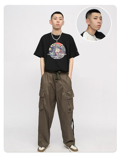 sanyamk New Japanese Fresh Cargo Pants Men Loose Wide-Leg Casual Streetwear Trousers Hip-Hop Straight Solid Color Multi-Pocket Clothing