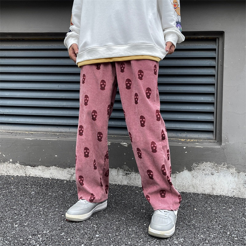 sanyamk Preppy Style Skull Full Print Drawstring Casual Corduroy Men Baggy Pants Hip Hop Straight Sweatpants Male Loose Trousers