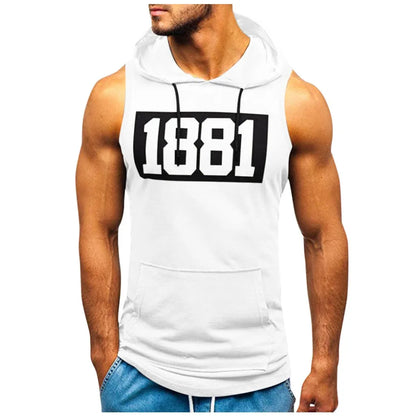 sanyamk Sports Tank Tops Men Fitness Muscle Print Sleeveless Hooded Bodybuilding Pocket Tight-drying Tops Summer Shirt For Men Clothing