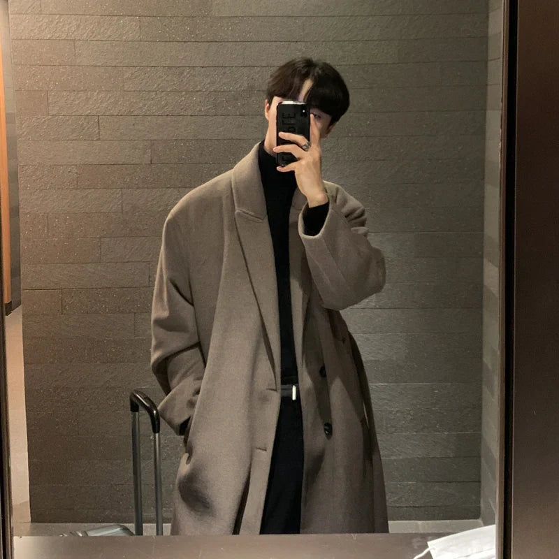 sanyamk Winter Men Thick Woolen Dust Coats Korean Style Streetwear Male Loose Solid Color Warm Trenchcoat High Quality Men's Windbreak