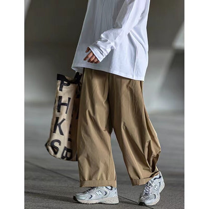 sanyamk Japanese Style Men's Street Retro Design Wide Leg Pants Loose Straight Neutral Work Casual Pants Baggy Kahki Color Trousers