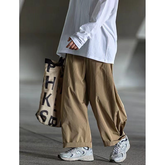 Bonsir Japanese Style Men's Street Retro Design Wide Leg Pants Loose Straight Neutral Work Casual Pants Baggy Kahki Color Trousers