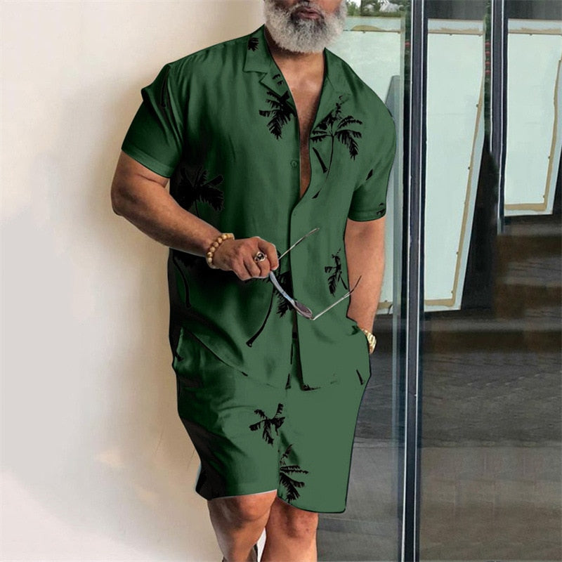 sanyamk trendy mens fashion mens summer outfits  dope outfits  Men Hawaiian Sets Beach Style Coconut Tree Printing Two Pieces Summer Suit Men Turn-down Collar Button Shirt & Pocket Shorts Set