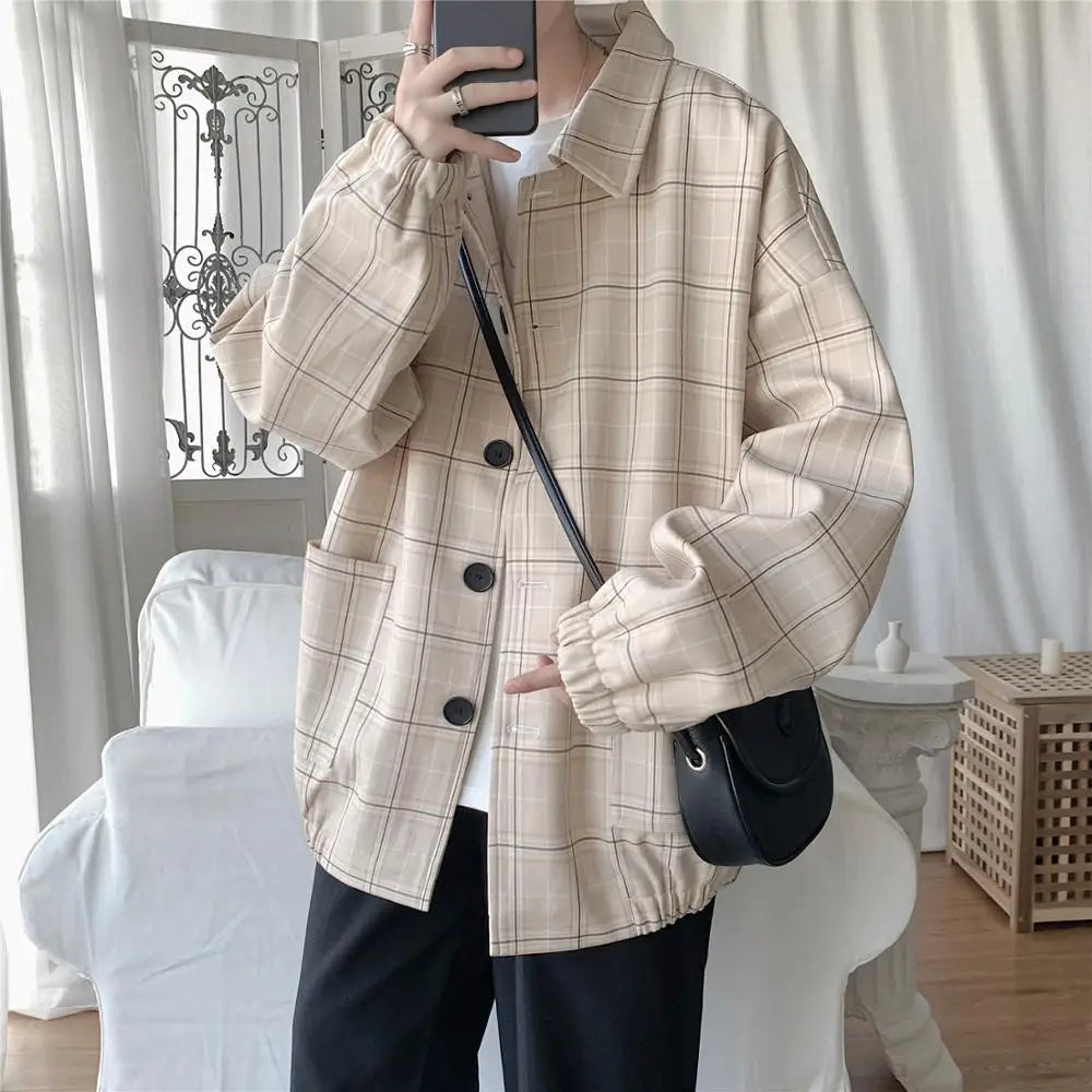 sanyamk New Men's Jacket Oversize Plaid Coat Single Breasted Turn-down Collar Vintage Checkered Windbreaker Clothing Tops Man Khaki