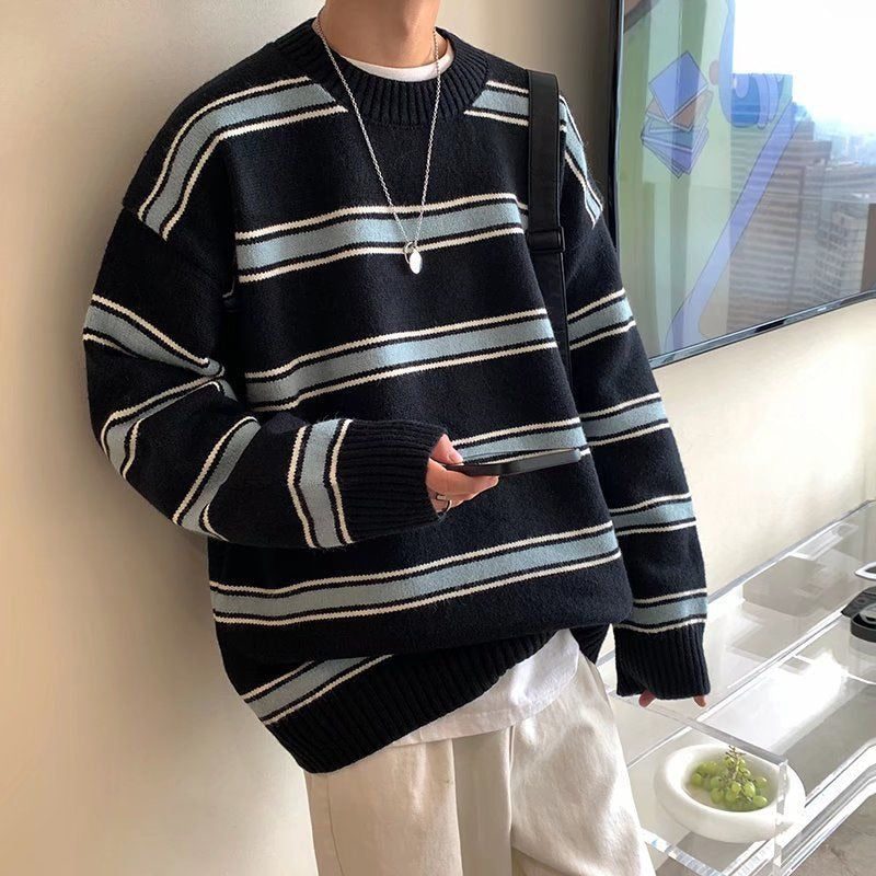 Bonsir High-Quality Knitted Fabrics Long-Sleeved Color-Blocking T-Shirts Autumn Casual Striped Clothing Hip-Hop All-Match Bottoming Top