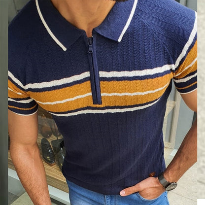 Bonsir Vintage Striped Print Mens Polo Shirt Summer Short Sleeve Knitted T Shirts Casual Turn-down Collar Zipper Tops For Men Clothing