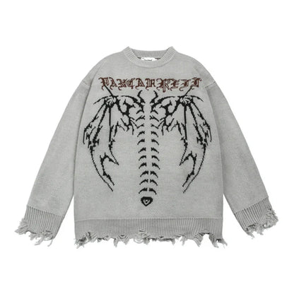 Bonsir Printed Bat Skull Sweater Letter Crew Neck Korean Pullover Black Hip Hop Street Couple Fashion Retro Large Size Cotton Sweater