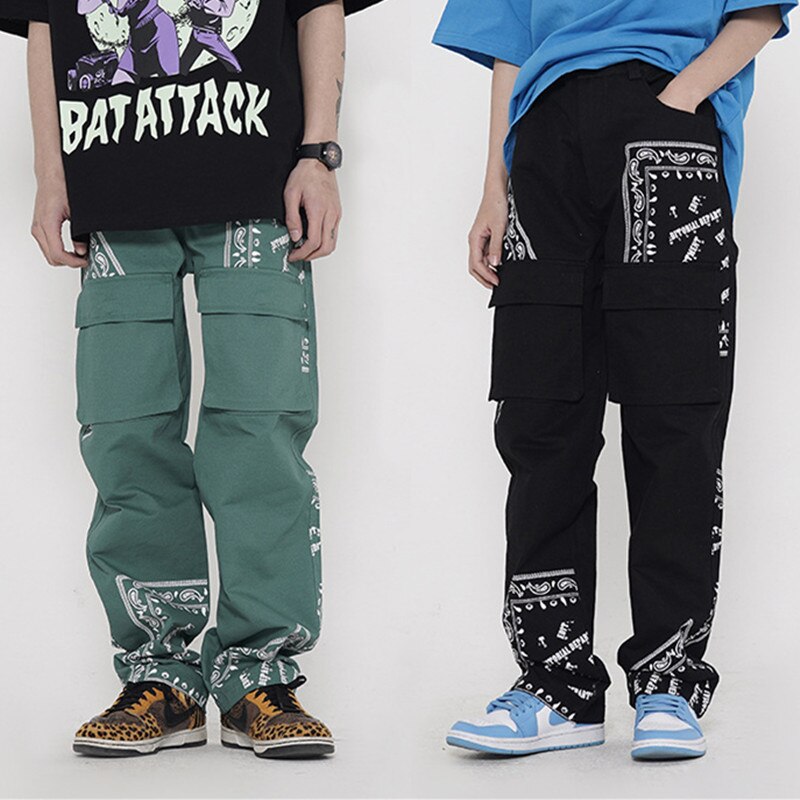 Bonsir  Korean Fashion Cashew Flowers Cotton Men Straight Cargo Pants Japanese Streetwear Casual Loose Kpop Trousers Pantalon Homme