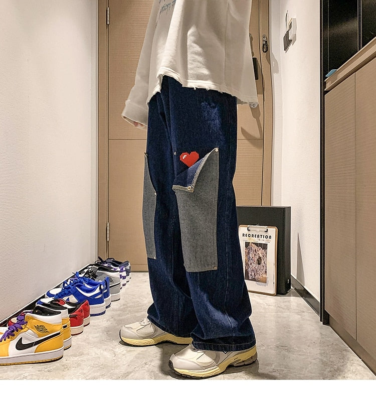 Bonsir Men Jeans Hip Hop Patchwork Oversized Straight Jean Pants Mens Red Heart Print jeans Top Quality Streetwear Denim Pants