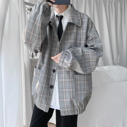 sanyamk New Men's Jacket Oversize Plaid Coat Single Breasted Turn-down Collar Vintage Checkered Windbreaker Clothing Tops Man Khaki