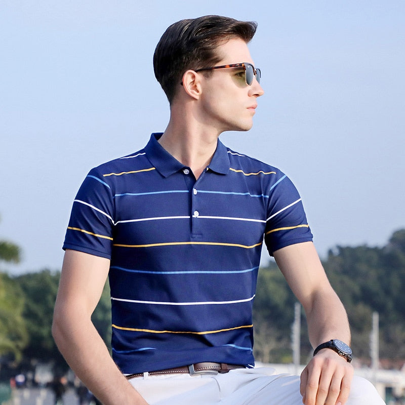 sanyamk Top Grade New Summer Brand Mens Striped Turn Down Collar Polo Shirts With Short Sleeve Casual Tops Fashions Men's Clothing