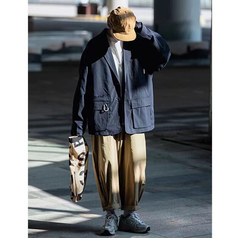 sanyamk Japanese Style Men's Street Retro Design Wide Leg Pants Loose Straight Neutral Work Casual Pants Baggy Kahki Color Trousers