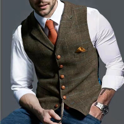 sanyamk Men's Suit Vest Single Breasted V-neck Lapel Mens Vest Plaid Print Waistcoat Jacket Slim Casual Formal Business Male Clothing