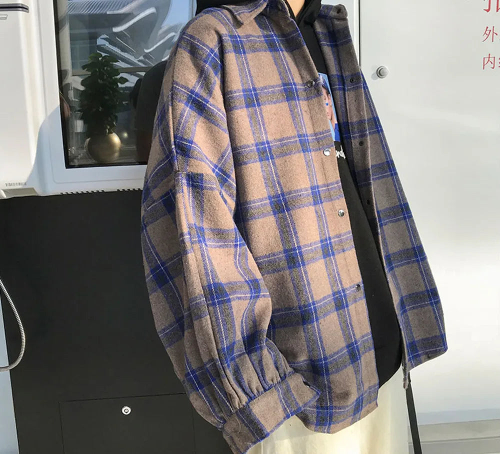 sanyamk Harajuku Block Plaid Block Men's Men Streetwear Men's Thick, Manly Sleeve Shirts of Vintage Korean Fashion Clothes