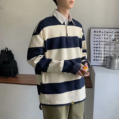 sanyamk Spring Autumn Men Striped Lapel T-shirt Trend Polo Collar Loose Long-sleeved Tshirts Ins All-match Pullover Tees British Gentle