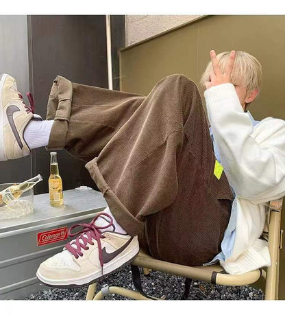 sanyamk Men's Retro Corduroy Fabric Casual Pants Loose Fashion Trend Wide Leg Pants Solid Color High-quality Trousers Size M-3XL