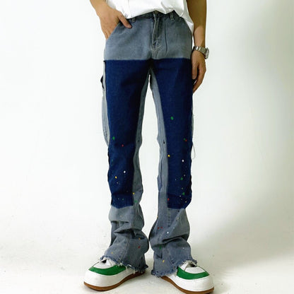 sanyamk High Street Inkjet Patchwork Blue Men Hip Hop Flares Jeans Pants Straight Retro Washed Distressed Denim Trousers Pantalon