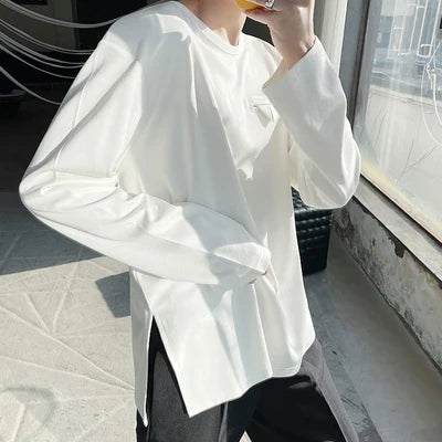 sanyamk Large Size Spring Side Slit personality pad shoulder loose round-necked t-shirt fashion men's Korean version of INS jacket jacke