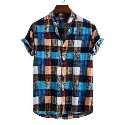 Men Clothing Summer New Men's Fashion Trend Color Plaid Print Stand-up Collar Short-sleeved Shirt Camisas Para Hombre