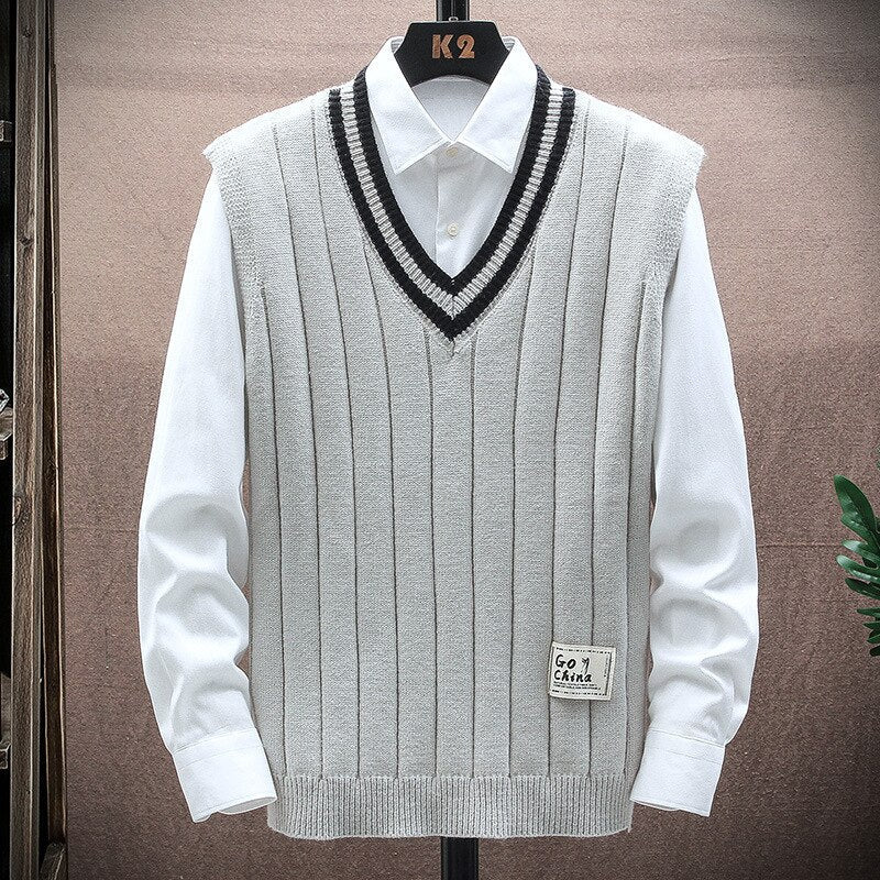 sanyamk 151 Autumn Winter Men Knitted Sweater Waistcoat Fashion Campus Casual Color Contrast Sleeveless Stripe V-Neck Patchwork Vest