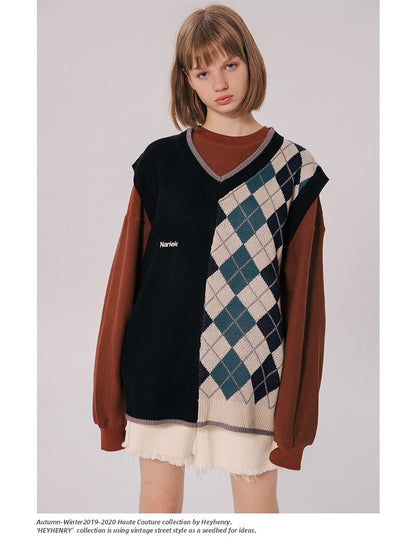 Bonsir Japanese Loose Couple Patchwork Argyle Sweater Vest Men's New Autumn Fashion Harajuku Letter Embroidery Man Pullover Vest