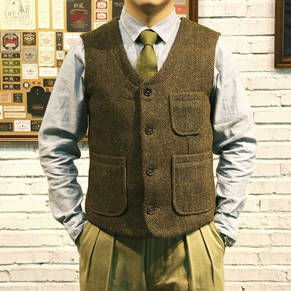 sanyamk Red Tornado Rugged Gentleman Style Wool Tweed Vest Retro Men Suit Waistcoat Green