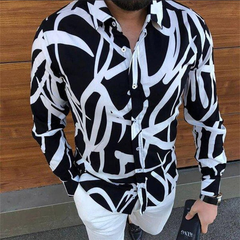 sanyamk trendy mens fashion mens summer outfits dope outfits mens street style mens spring fashion aesthetic outfits menAutumn Long Sleeve Casual Shirt Vintage Pattern Chain Printed Patchwork Men Shirts 2021 Spring Turn-down Collar Button Men's Top