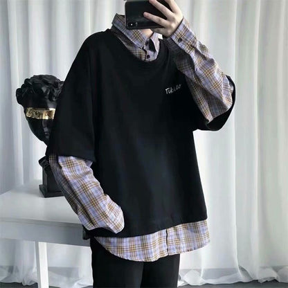 Bonsir Ins Fake Two-piece Tshirts Men's Spring Autumn Loose Plaid Shirt Lapel Long Sleeved T-shirt Student Unisex Casual Top Clothes