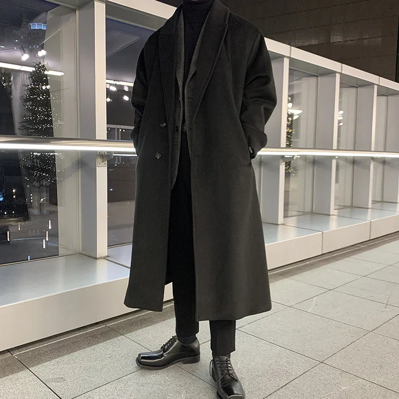 sanyamk Winter Men Thick Woolen Dust Coats Korean Style Streetwear Male Loose Solid Color Warm Trenchcoat High Quality Men's Windbreak