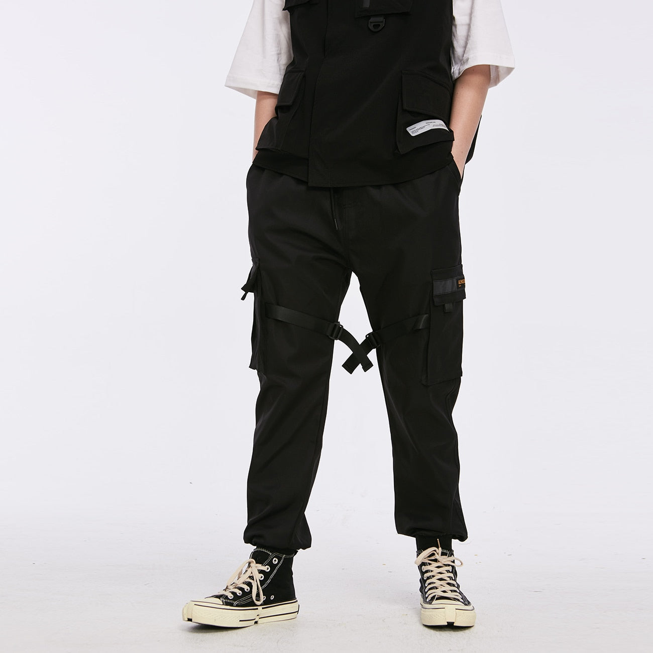 Bonsir Hip Hop Cargo Pants Ribbons Men Black Streetwear Harajuku Techwear Tactical Pants Trousers Harem Joggers Sweatpants Punk