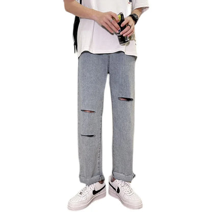 sanyamk Summer new jeans with holes men's Korean fashion high street ruffian handsome loose large size straight tube wide leg streetwear