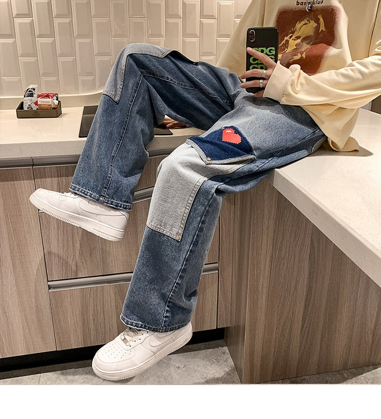 Bonsir Men Jeans Hip Hop Patchwork Oversized Straight Jean Pants Mens Red Heart Print jeans Top Quality Streetwear Denim Pants