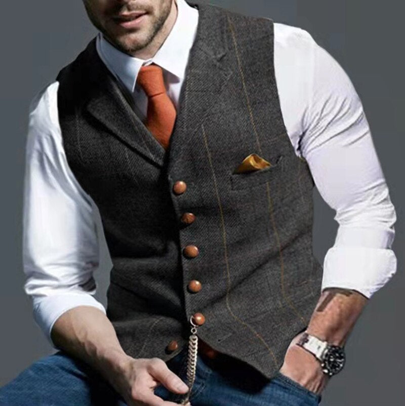 sanyamk Men's Suit Vest Single Breasted V-neck Lapel Mens Vest Plaid Print Waistcoat Jacket Slim Casual Formal Business Male Clothing