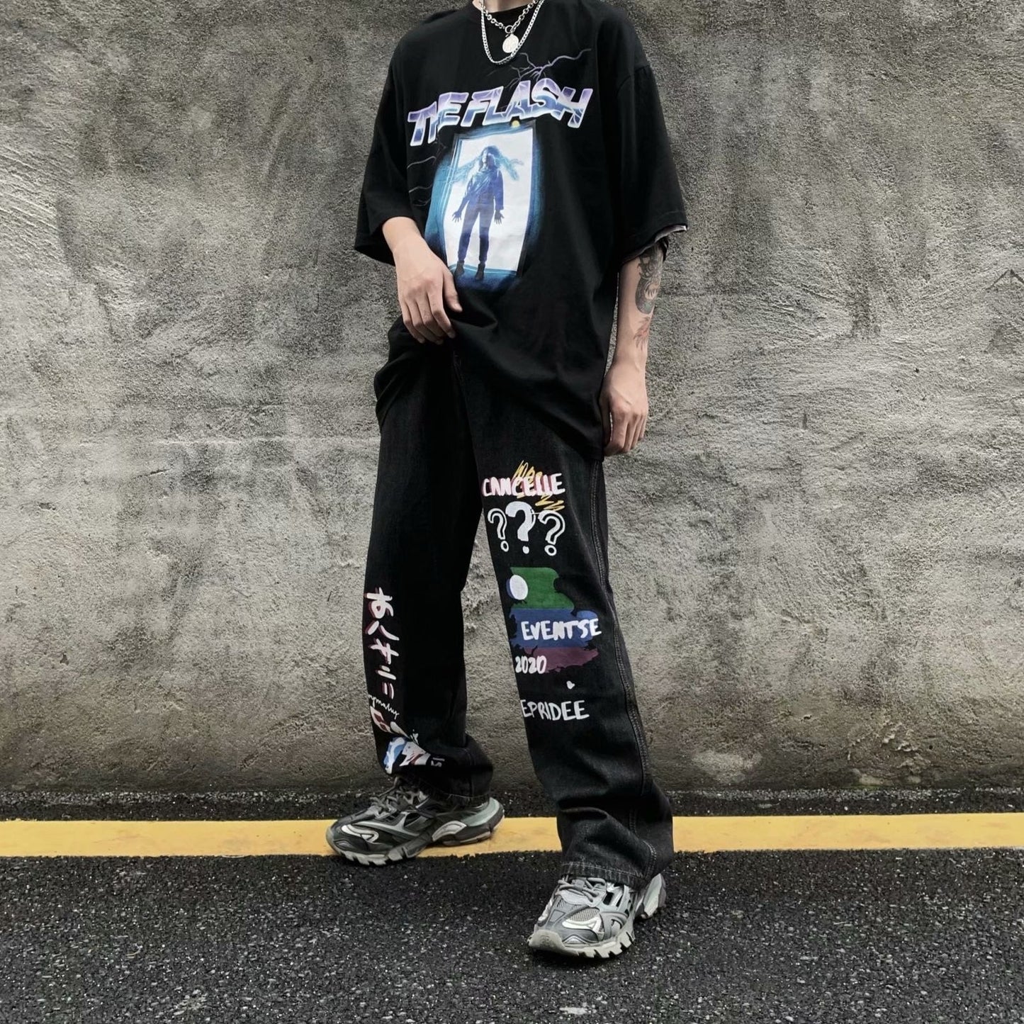 Bonsir Trendy brand new hip hop graffiti street straight tube wide leg dad loose ins jeans for men and women streetwear hiphop