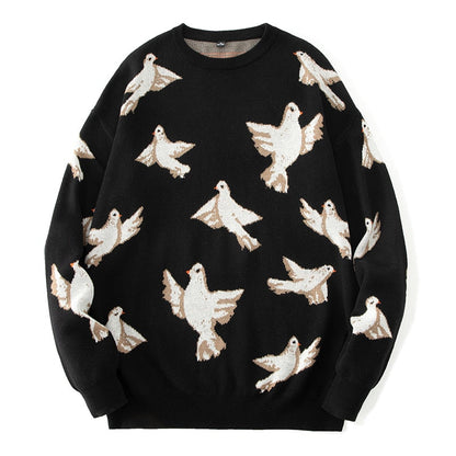 Bonsir Men Casual Sweater Round Neck Cotton Autumn Winter Pullover Mens Harajuku Sweaters Pigeon Pattern Long Sleeve Male Tops Clothing